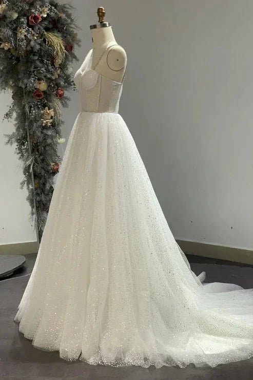 Spaghetti Straps Sparkly Bohemian Wedding Dress