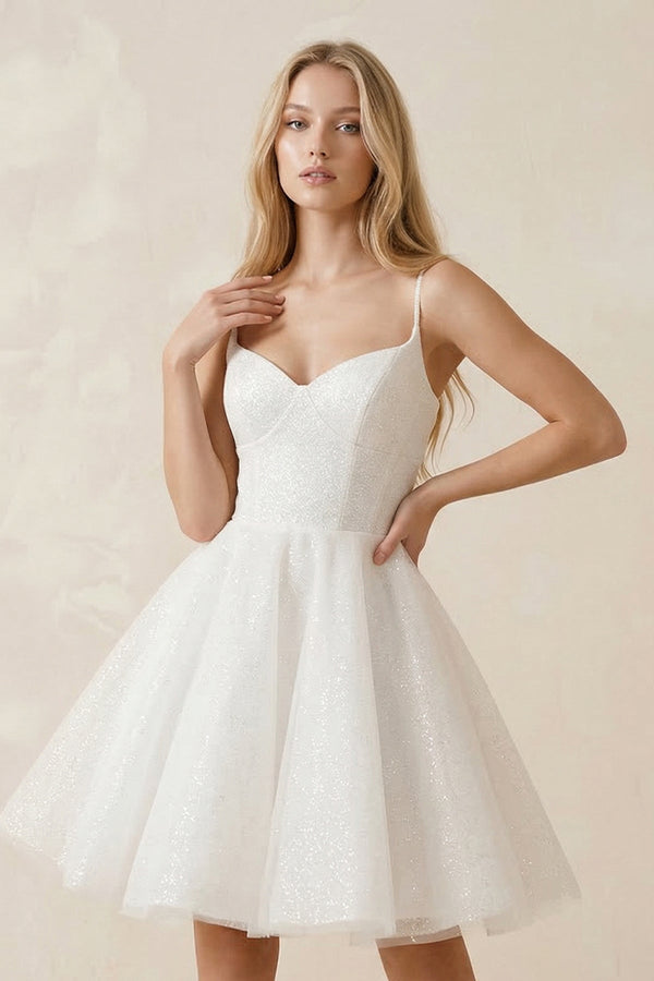 Spaghetti Straps Tulle A - Line Mini Wedding Dress in White - KissProm Wedding Dresses