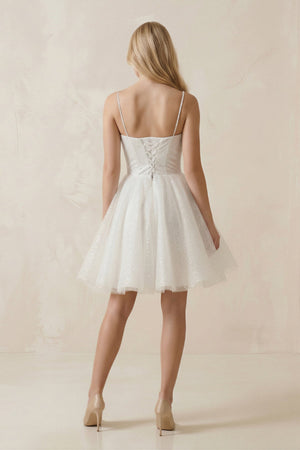 Spaghetti Straps Tulle A - Line Mini Wedding Dress in White - KissProm Wedding Dresses