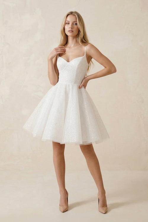 Spaghetti Straps Tulle A-Line Mini Wedding Dress in White, White / 30 Spaghetti Straps Tulle A-Line Mini Wedding Dress in White, White / 30