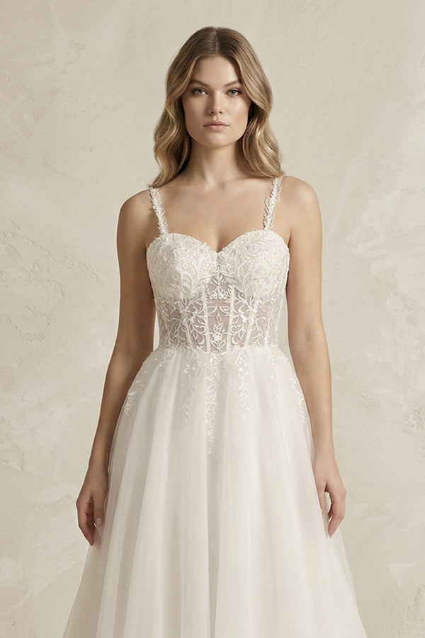 Spaghetti Straps Tulle A - Line Wedding Dress in Ivory - KissProm Wedding Dresses