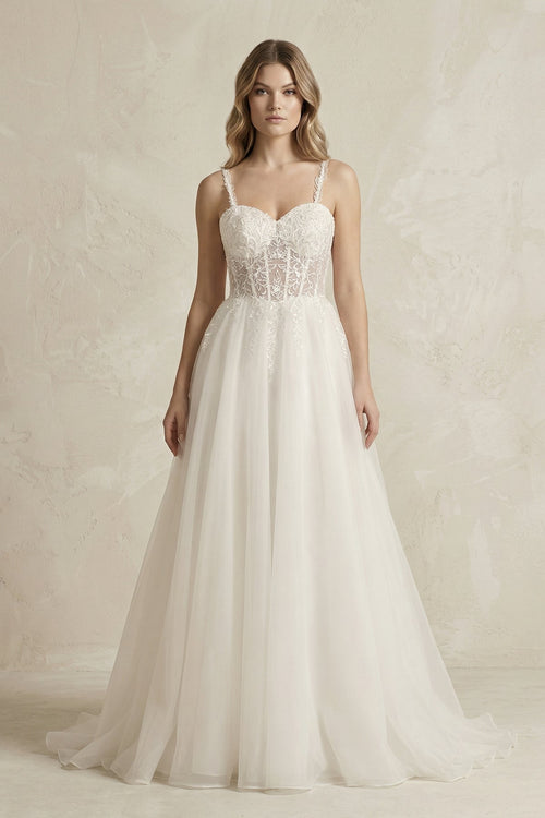 Spaghetti Straps Tulle A - Line Wedding Dress in Ivory - KissProm Wedding Dresses