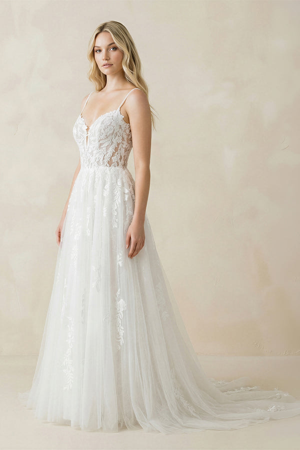Spaghetti Straps Tulle Appliqued Corset Wedding Dress in White - KissProm Wedding Dresses