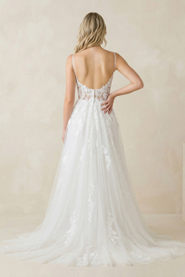 Spaghetti Straps Tulle Appliqued Corset Wedding Dress in White - KissProm Wedding Dresses