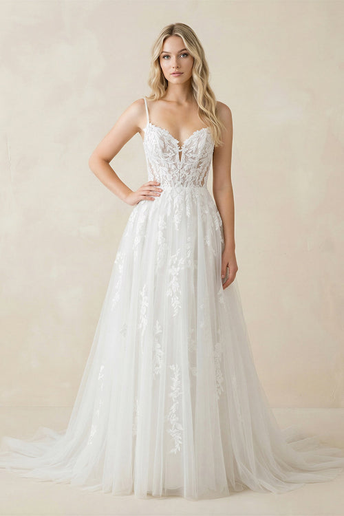 Spaghetti Straps Tulle Appliqued Corset Wedding Dress in White - KissProm Wedding Dresses