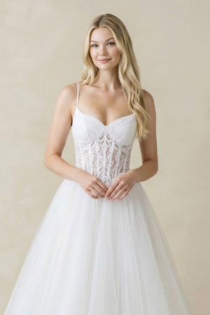 Spaghetti Straps Tulle Ball - Gown Corset Wedding Dress in White - KissProm Wedding Dresses