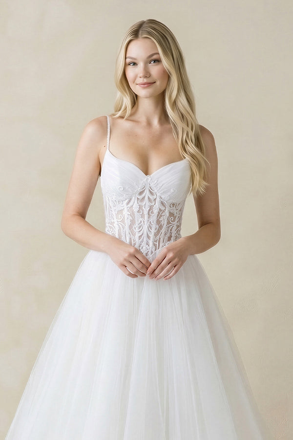 Spaghetti Straps Tulle Ball - Gown Corset Wedding Dress in White - KissProm Wedding Dresses