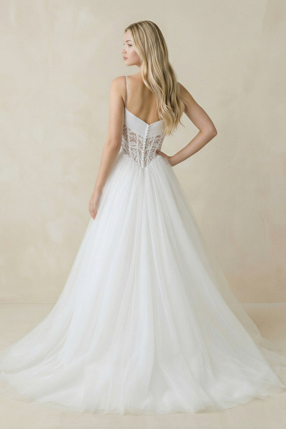 Spaghetti Straps Tulle Ball - Gown Corset Wedding Dress in White - KissProm Wedding Dresses