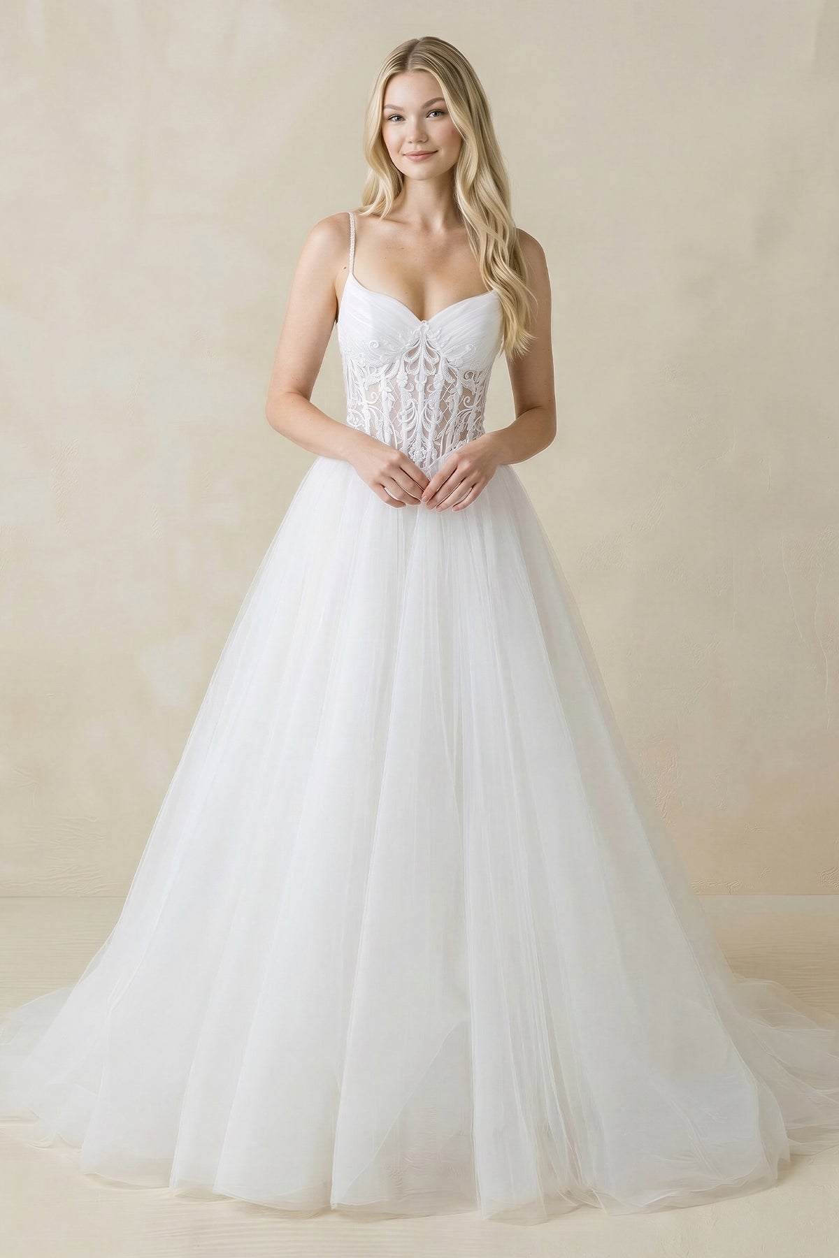 KissProm Spaghetti Straps Tulle Ball-Gown Corset Wedding Dress in White, White / 14
