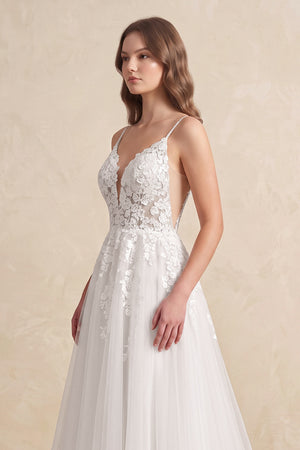 White Nude Spaghetti Straps V-Neck Lace Appliques A-line Tulle Rustic Wedding Dress - KISSPROM