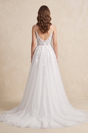 White Nude Spaghetti Straps V-Neck Lace Appliques A-line Tulle Rustic Wedding Dress - KISSPROM