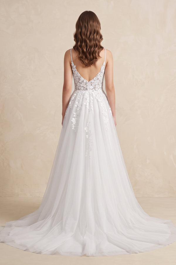 White Nude Spaghetti Straps V-Neck Lace Appliques A-line Tulle Rustic Wedding Dress - KISSPROM