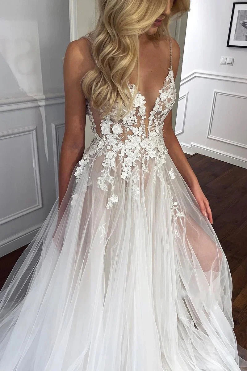 Spaghetti Straps V-Neck Lace Appliques A-line Tulle Rustic Wedding Dress, White-Nude / 6 Spaghetti Straps V-Neck Lace Appliques A-line Tulle Rustic Wedding Dress, White-Nude / 6