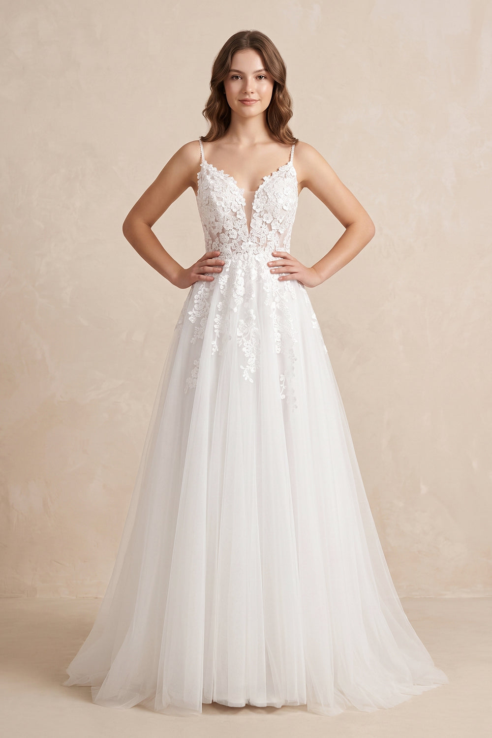 White Nude Spaghetti Straps V-Neck Lace Appliques A-line Tulle Rustic Wedding Dress - KISSPROM
