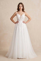 White Nude Spaghetti Straps V-Neck Lace Appliques A-line Tulle Rustic Wedding Dress - KISSPROM