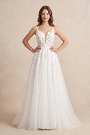 White Nude Spaghetti Straps V-Neck Lace Appliques A-line Tulle Rustic Wedding Dress - KISSPROM