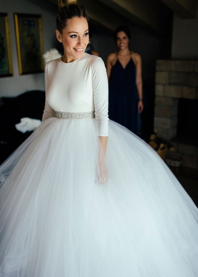 Spandex 3/4 Sleeves Covered - Button Wedding Dresses with Rhinestones Belt - KissProm