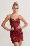 Burgundy Sparkle Appliques Sequin Bodycon Lilac Mini Party Dresses - KissProm