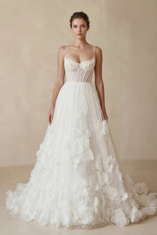 Sparkly 3D Flower Sequins Corset Wedding Dress in White - KissProm Wedding Dresses