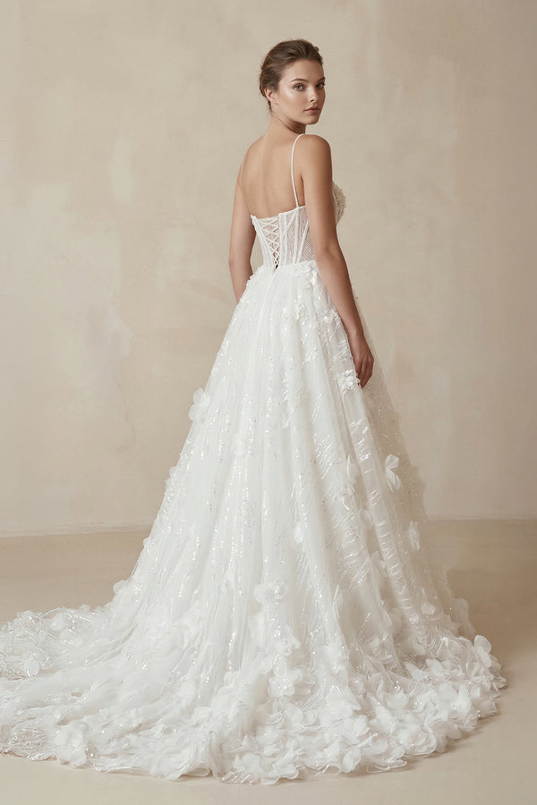 Sparkly 3D Flower Sequins Corset Wedding Dress in White - KissProm Wedding Dresses