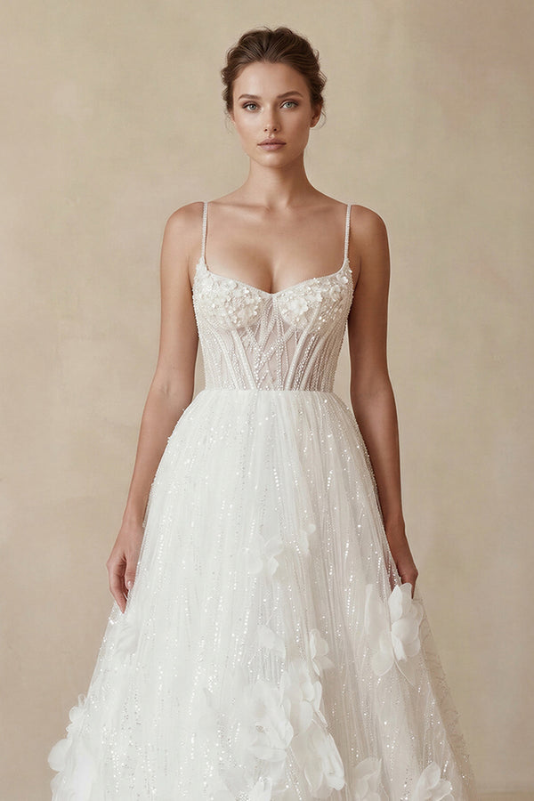 Sparkly 3D Flower Sequins Corset Wedding Dress in White - KissProm Wedding Dresses
