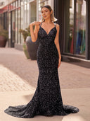 Sparkly Black Mermaid Sequins Long Backless Prom Dress - KissProm 