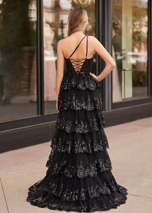 Livia |Sheath One Shoulder Tiered Lace Long Prom Dress - KissProm