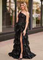 Livia |Sheath One Shoulder Tiered Lace Long Prom Dress - KissProm