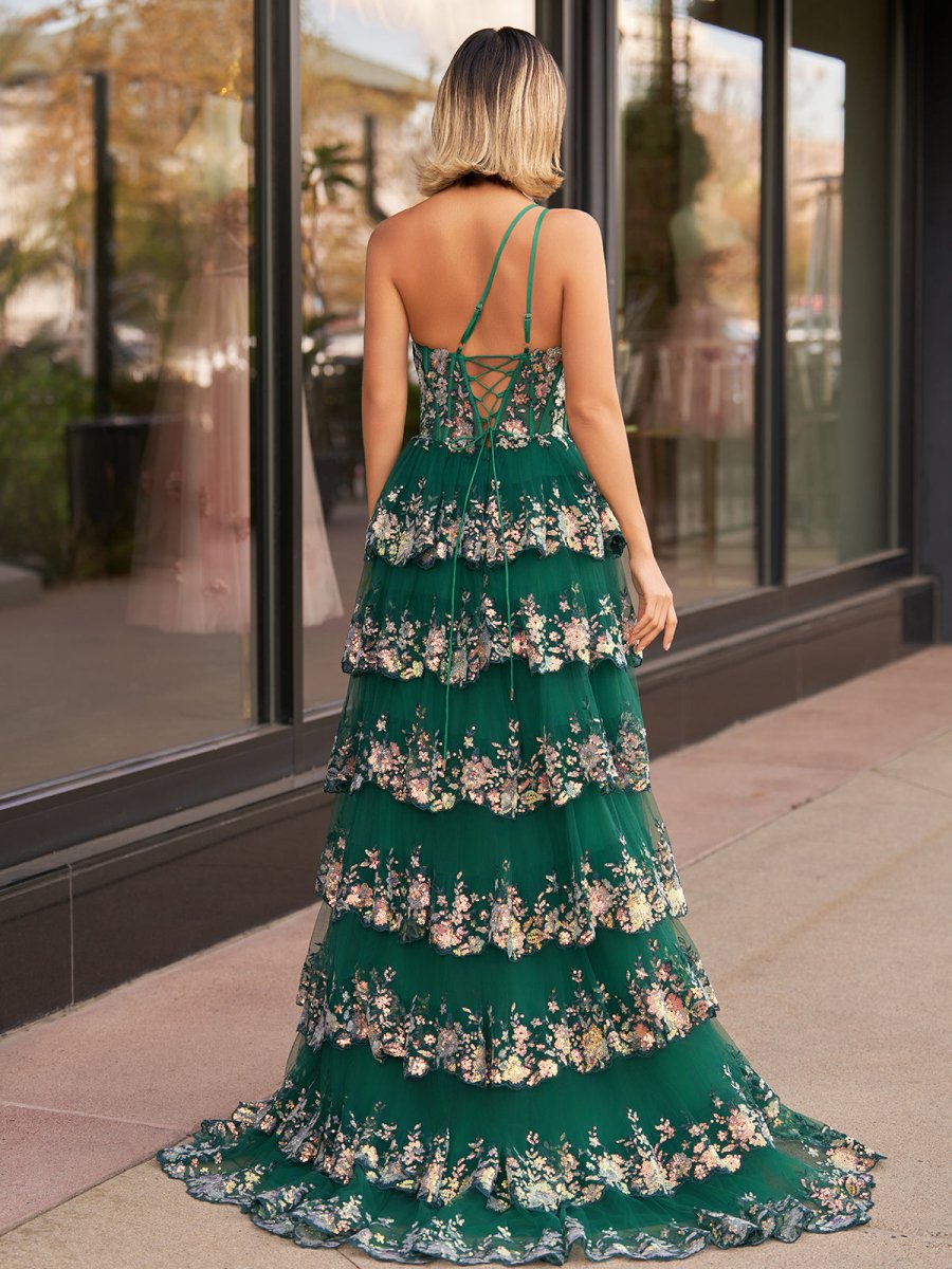 Livia |Sheath One Shoulder Tiered Lace Long Prom Dress