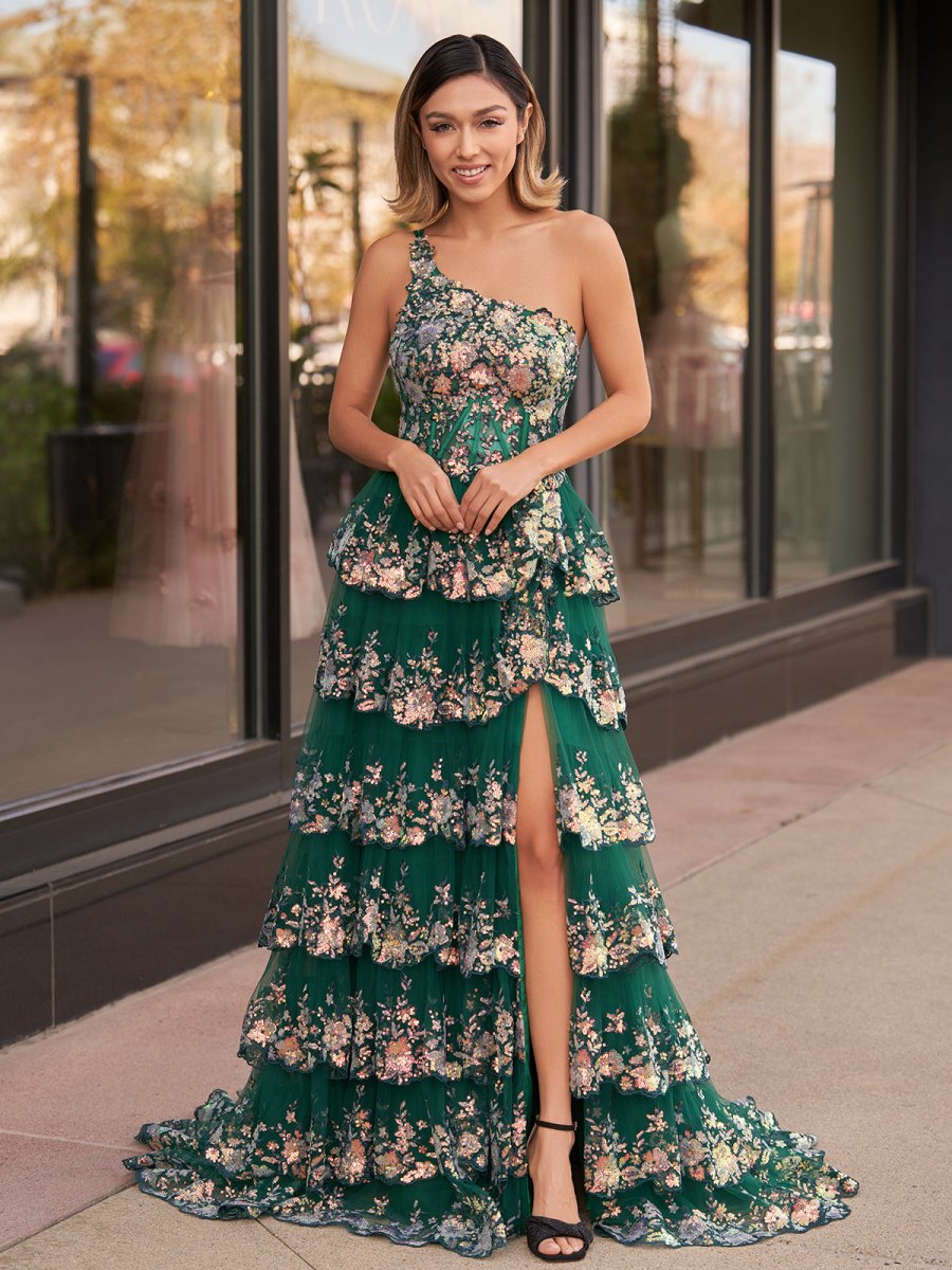 Livia |Sheath One Shoulder Tiered Lace Long Prom Dress