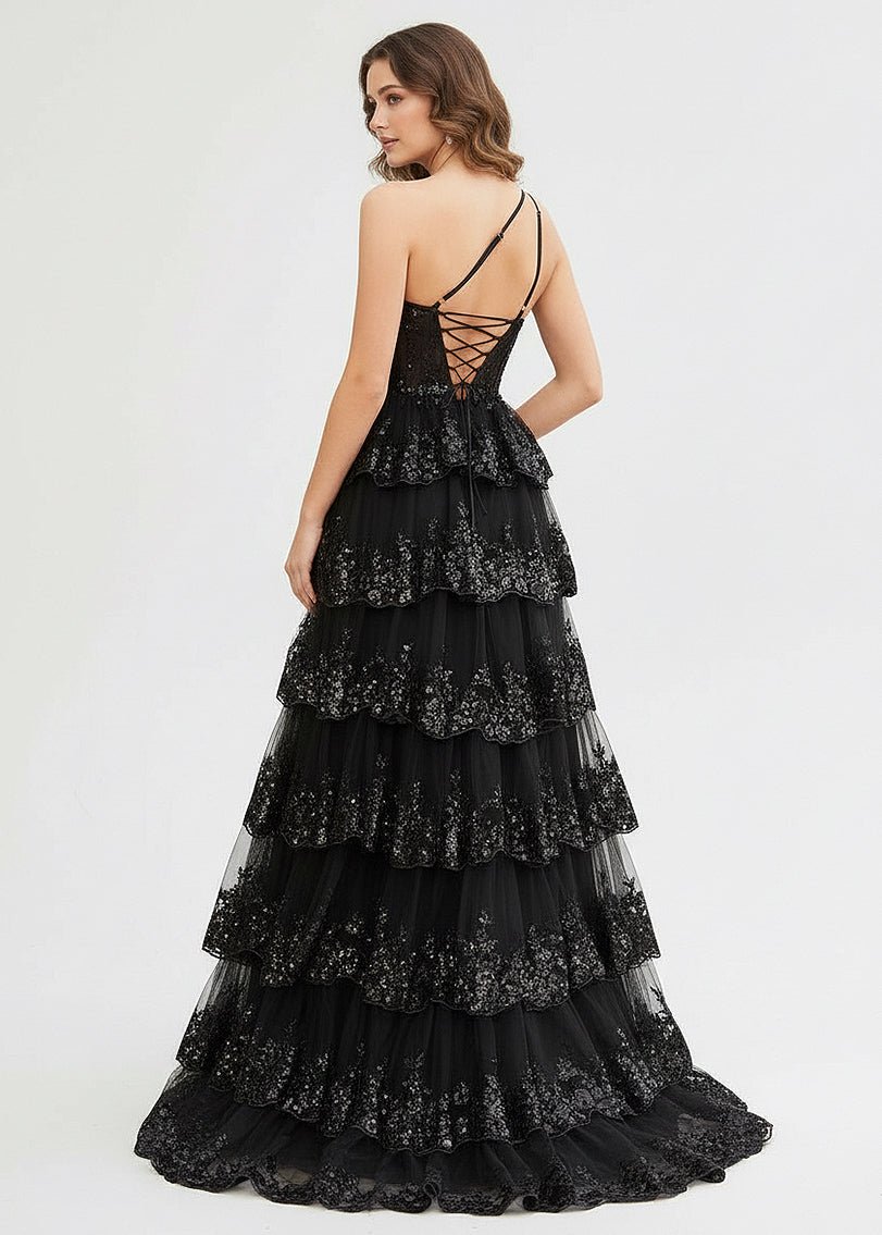 Livia |Sheath One Shoulder Tiered Lace Long Prom Dress - KissProm