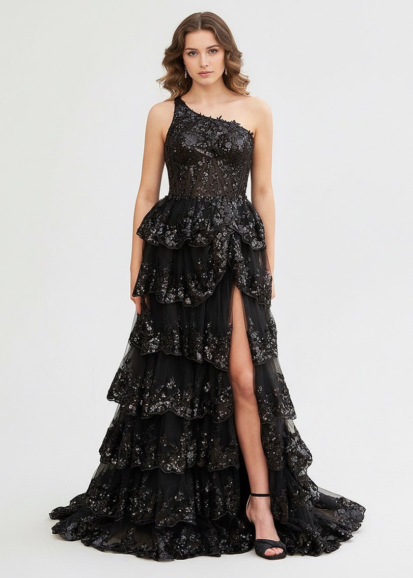 Livia |Sheath One Shoulder Tiered Lace Long Prom Dress - KissProm