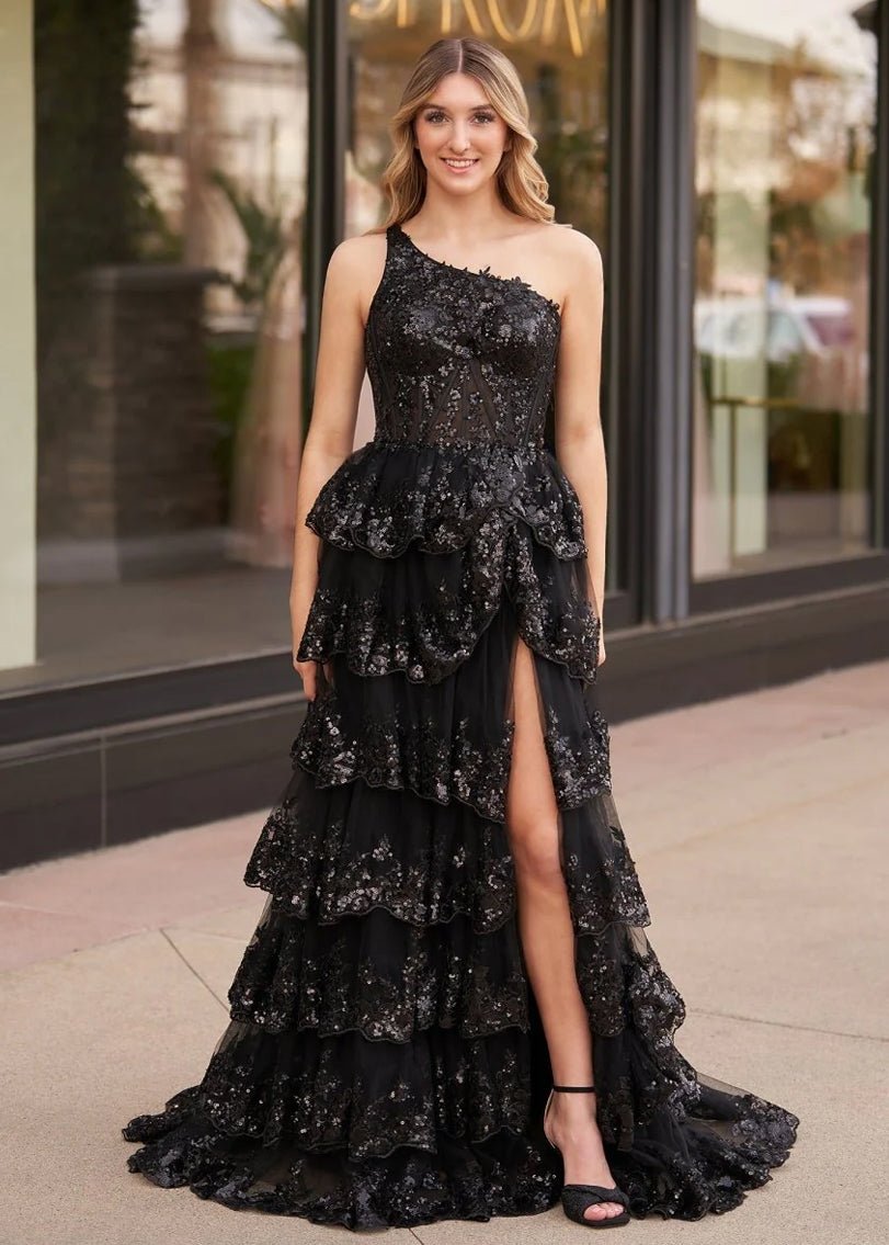 Livia |Sheath One Shoulder Tiered Lace Long Prom Dress - KissProm