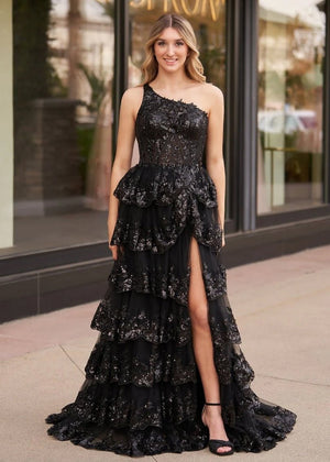 Livia |Sheath One Shoulder Tiered Lace Long Prom Dress - KissProm