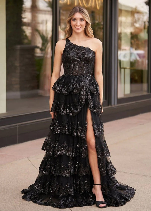 Livia |Sheath One Shoulder Tiered Lace Long Prom Dress - KissProm