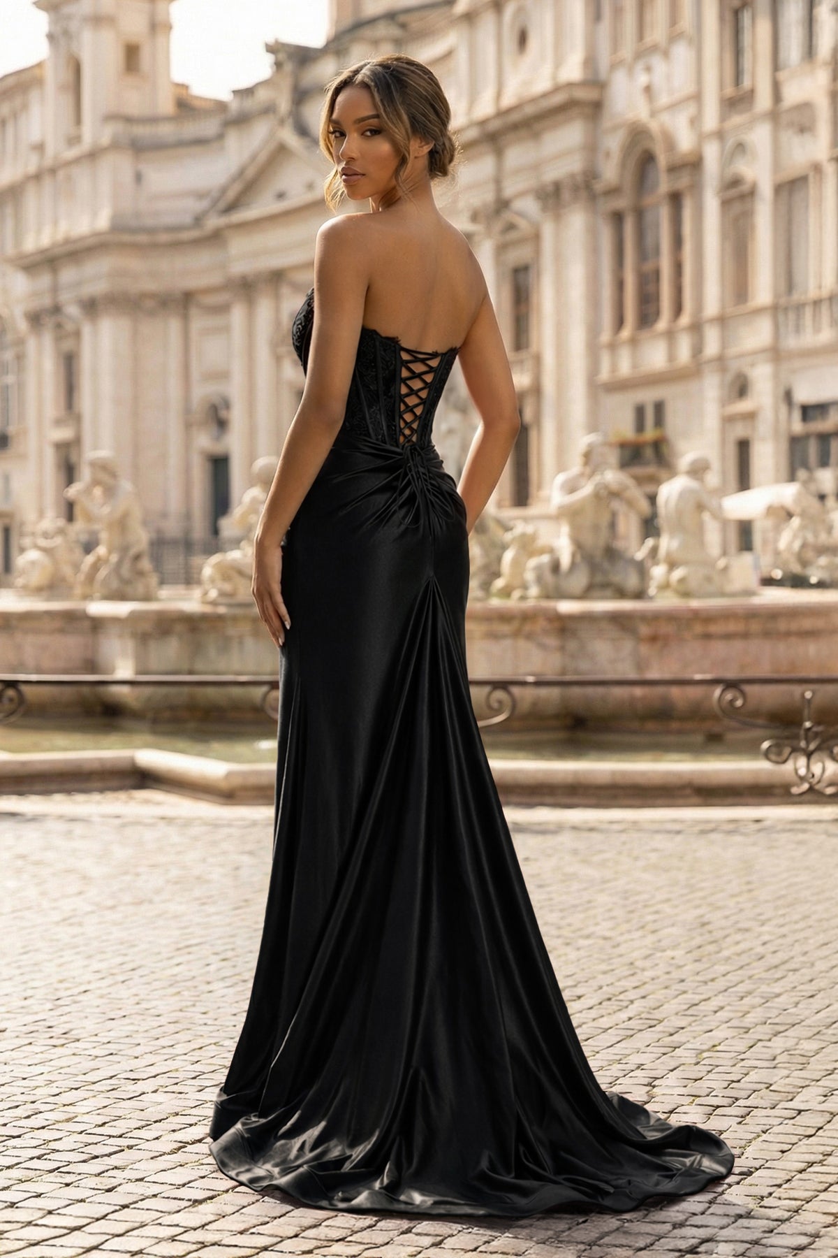 Sheath Strapless Corset Satin Prom Dress with Slit, Black / 6 Sheath Strapless Corset Satin Prom Dress with Slit, Black / 6