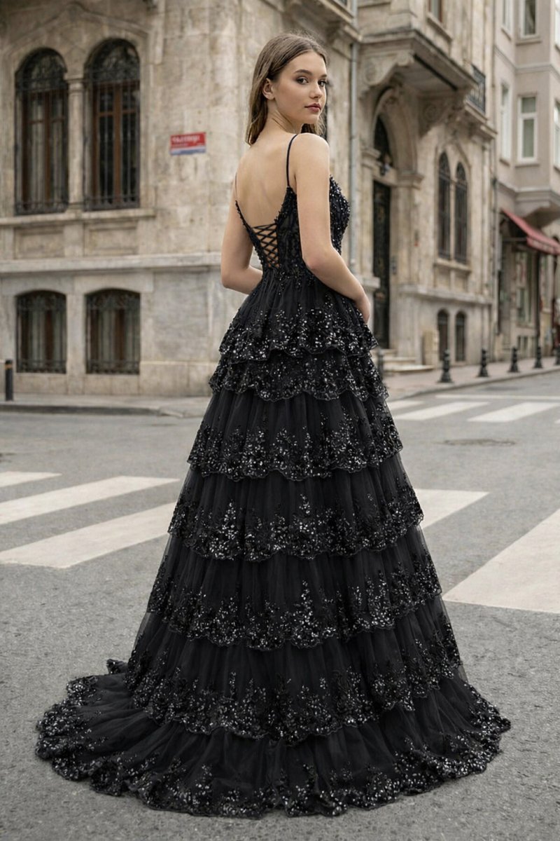 A Line Spaghetti Straps Tiered Lace Prom Dress, Black / 6 A Line Spaghetti Straps Tiered Lace Prom Dress, Black / 6