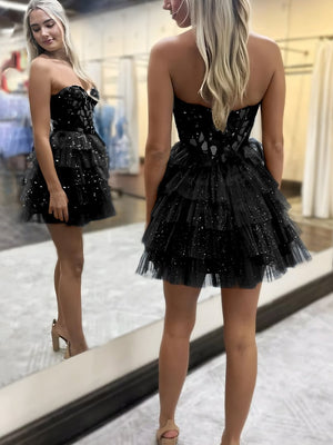 Sparkly Champagne Sweetheart A-Line Tulle Tiered Homecoming Dress