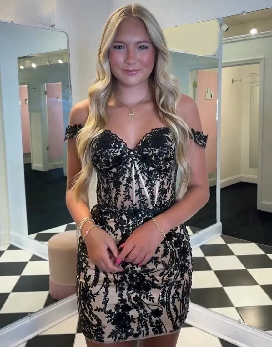 Sparkly Black Tight Off-the-Shoulder Corset Homecoming Dress with Appliques