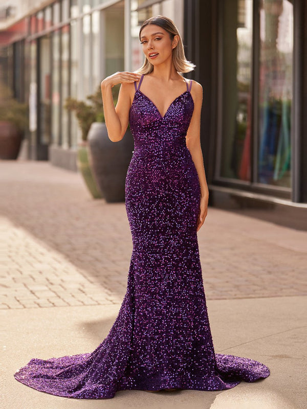 Sparkly Blue Mermaid Sequins Long Backless Prom Dress Grape / 14
