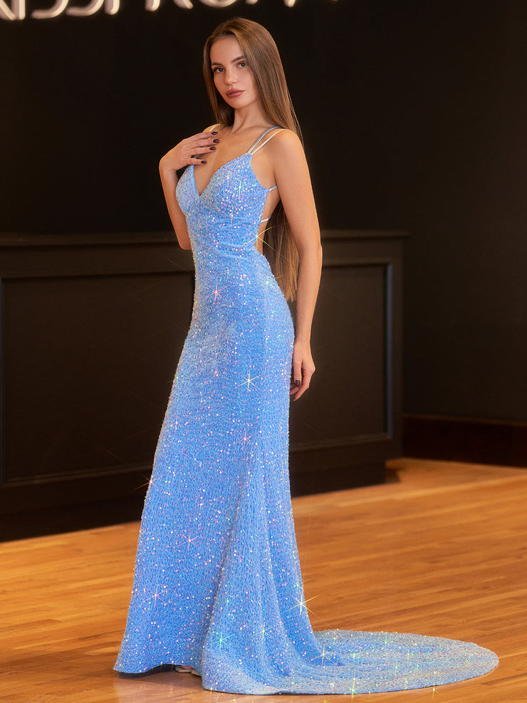 Sparkly Blue Mermaid Sequins Long Backless Prom Dress – KissProm