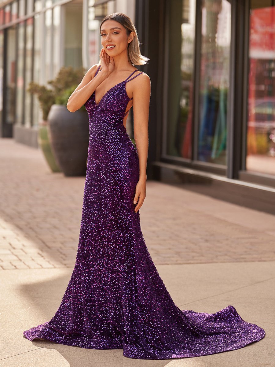 KissProm Sparkly Blue Mermaid Sequins Long Backless Prom Dress, Blue / 00