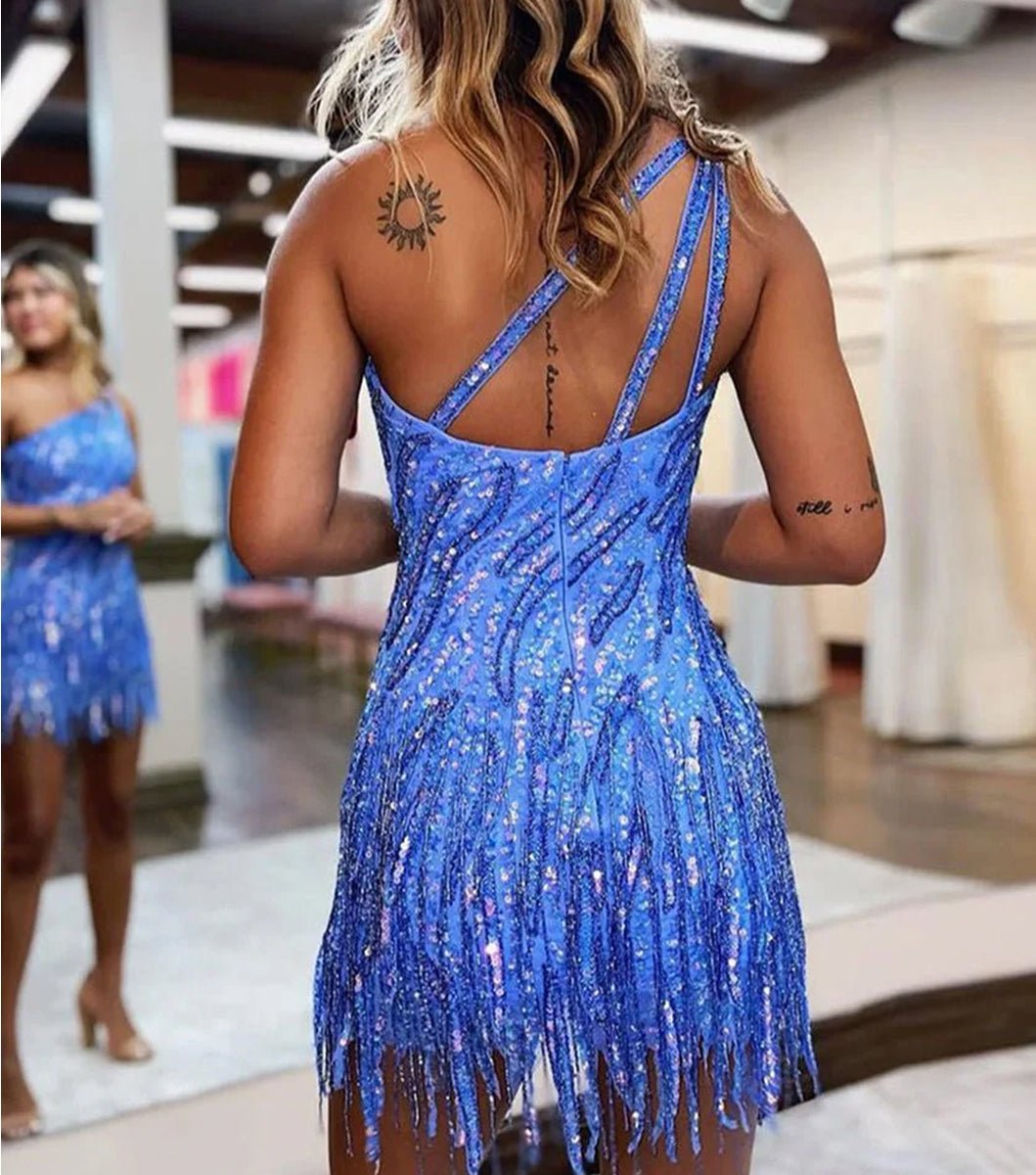 Isenia | Sparkly Blue One Shoulder Sequins Tight Short Hoco Dress with Fringes