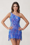 Sparkly Blue One Shoulder Sequins Mini Party Dresses with Fringes - KissProm
