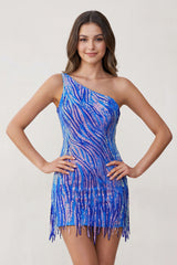 Sparkly Blue One Shoulder Sequins Mini Party Dresses with Fringes - KissProm