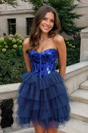 Sparkly Blue Sweetheart A-Line Tulle Tiered Homecoming Dress- KissProm