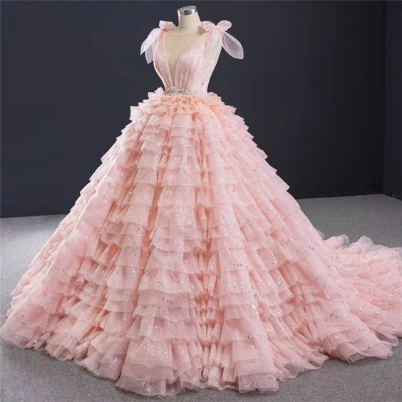 Pink Layered Ruffle Blush Pink Ball Gown Quinceanera Dress With Cascading Ruffles