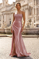 Sheath Strapless Corset Satin Prom Dress with Slit - KISSPROM PROM DRESSES