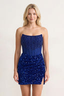 Royal Blue Bodycon Strapless Corset Beaded Mini Party Dresses - KissProm