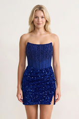 Royal Blue Bodycon Strapless Corset Beaded Mini Party Dresses - KissProm